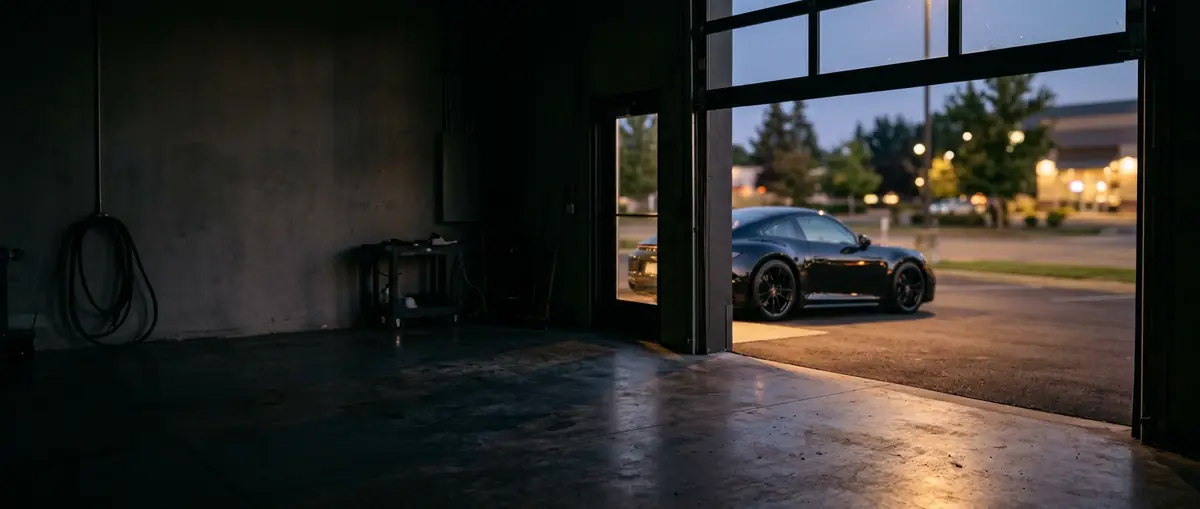 Open bay door of a Port Chester auto detailing shop at dusk with a black sports car parked outside