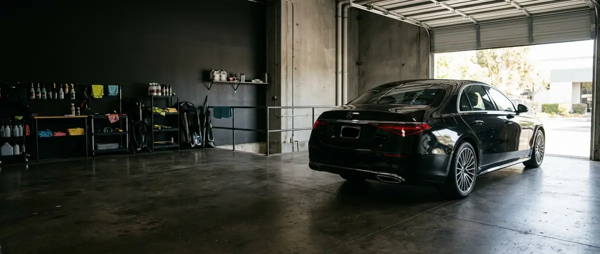 Interior of an auto detailing studio with shelved supplies in shadow and a black luxury sedan lit by daylight from the open bay door