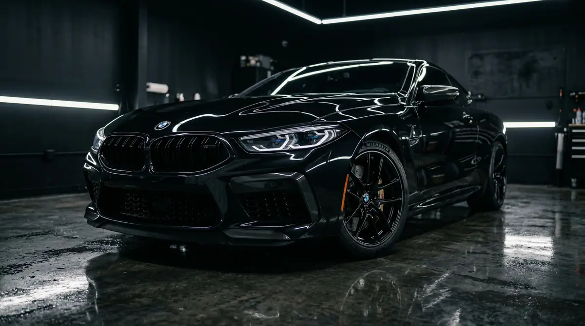 Freshly detailed glossy black BMW coupe with visible BMW roundel badge and kidney grille inside a dark Port Chester detailing studio