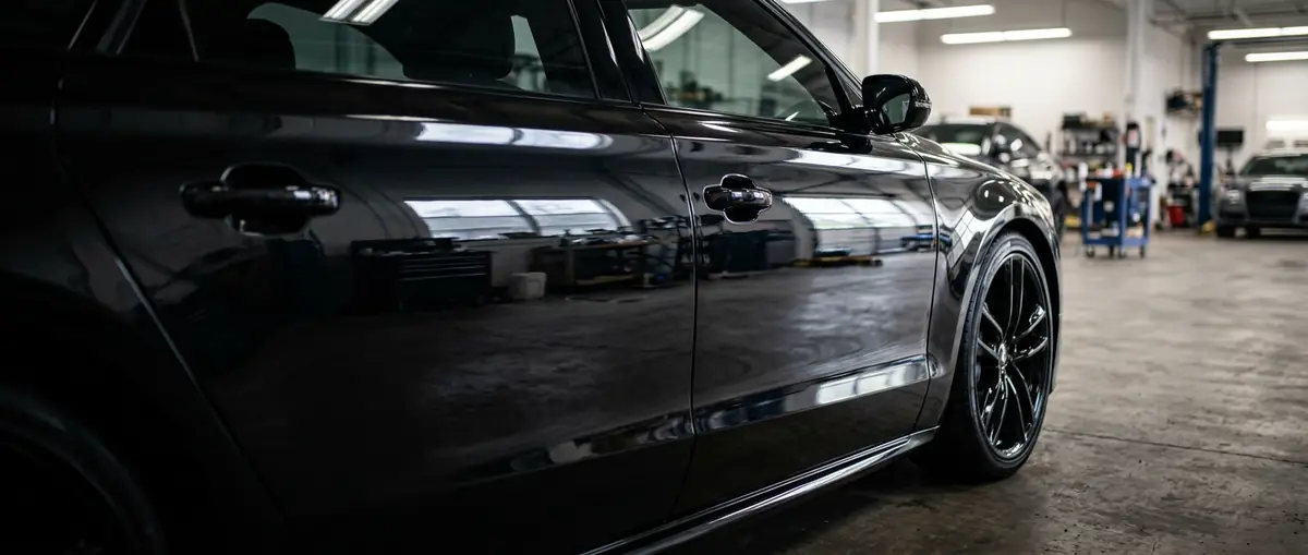 Sunlit black luxury sedan flank inside a detailing studio showing mirror-gloss paint reflections and a gloss black alloy wheel