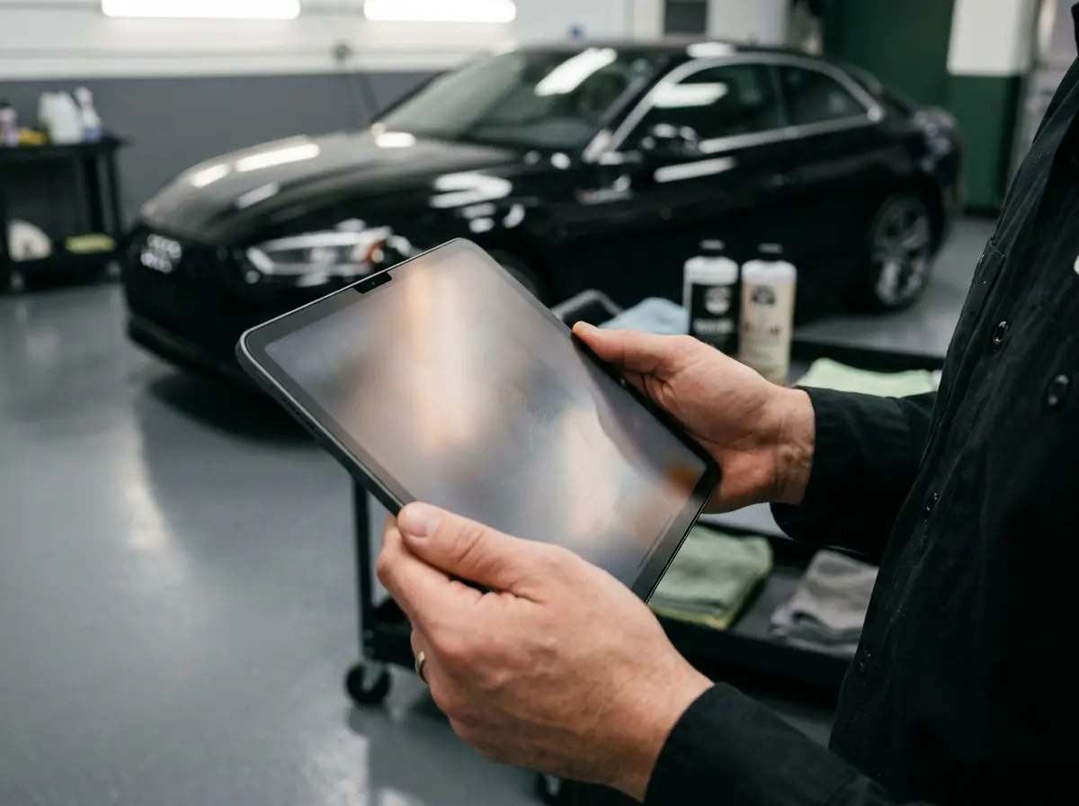Customer entering vehicle year, make and model on a tablet service request form at a detailing shop