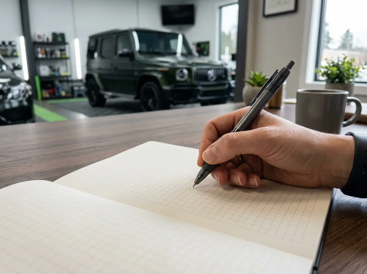 Hand scheduling a detailing appointment date in a professional auto detailing shop office