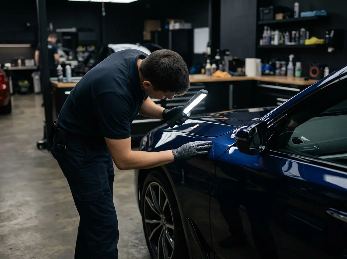 Detailer inspecting luxury car paint with an inspection light before beginning service