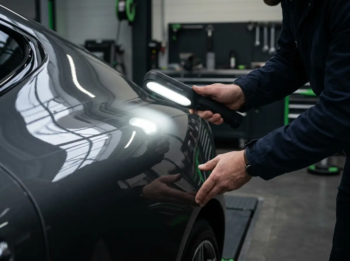 Technician performing a final quality check on glossy paint with a handheld inspection light