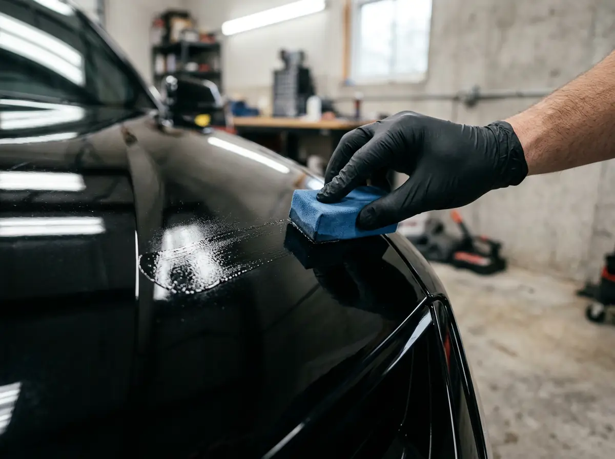 Suede applicator block spreading ceramic coating across the black fender of a luxury car