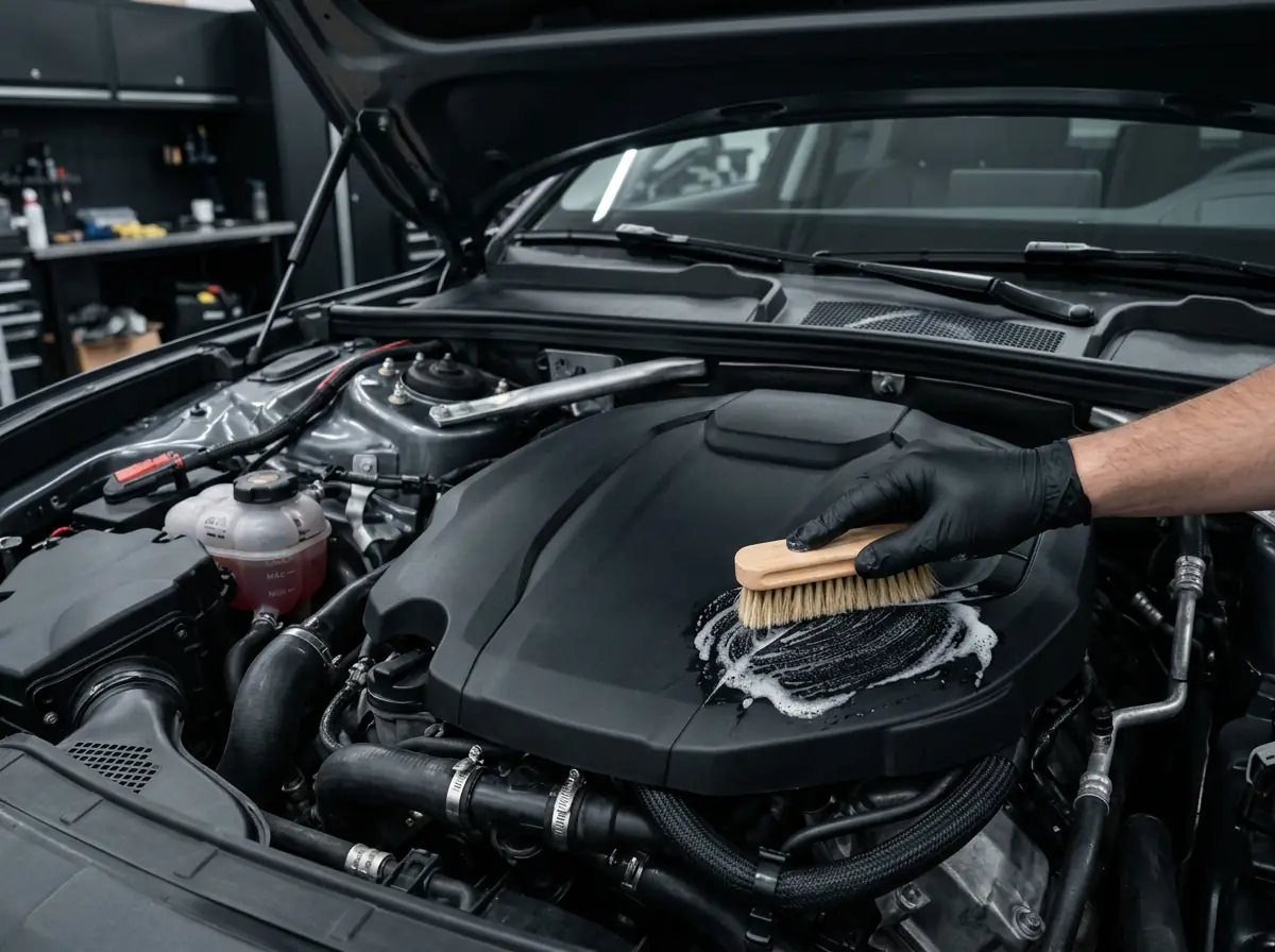 Soft-bristle detailing brush agitating cleaner on the plastic engine cover of an open engine bay