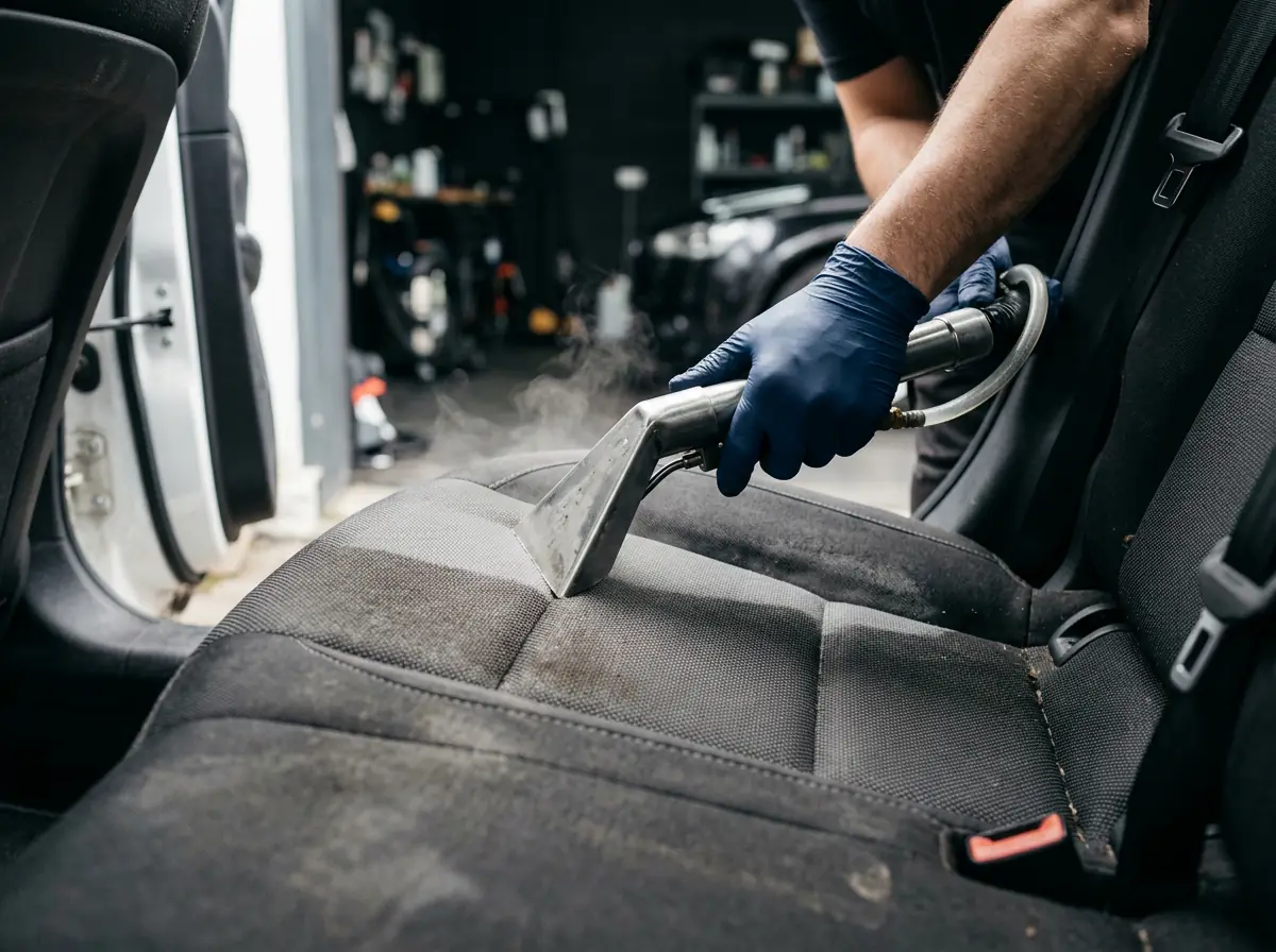 Gloved detailer pressing a stainless steel steam-extractor nozzle into the fabric of a car front seat cushion, leaving a clean extraction line during an interior steam detail