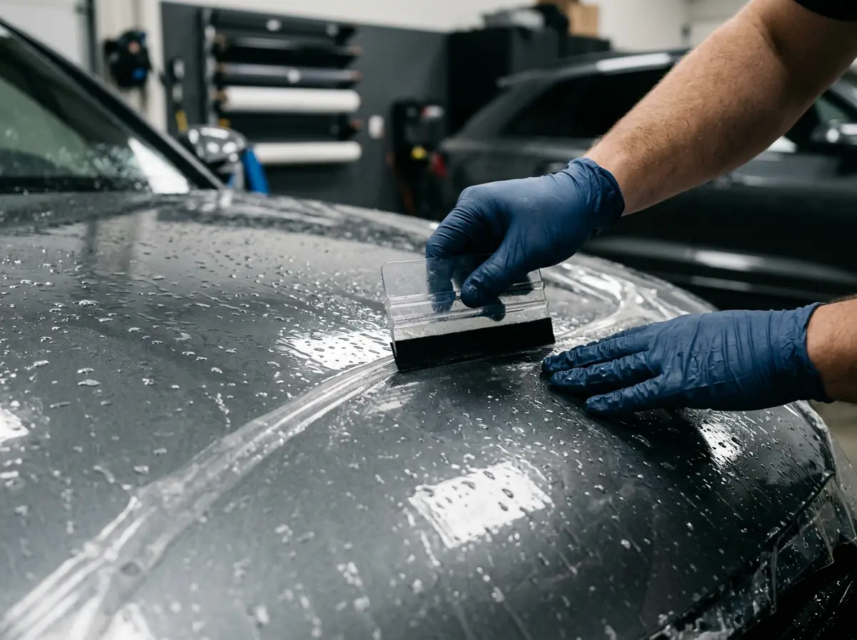 Clear plastic squeegee smoothing paint protection film onto the wet hood of a luxury car