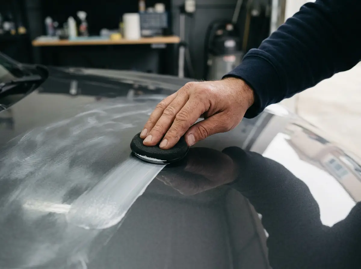 Hand spreading a layer of wax across a glossy dark grey car hood with a round foam applicator pad