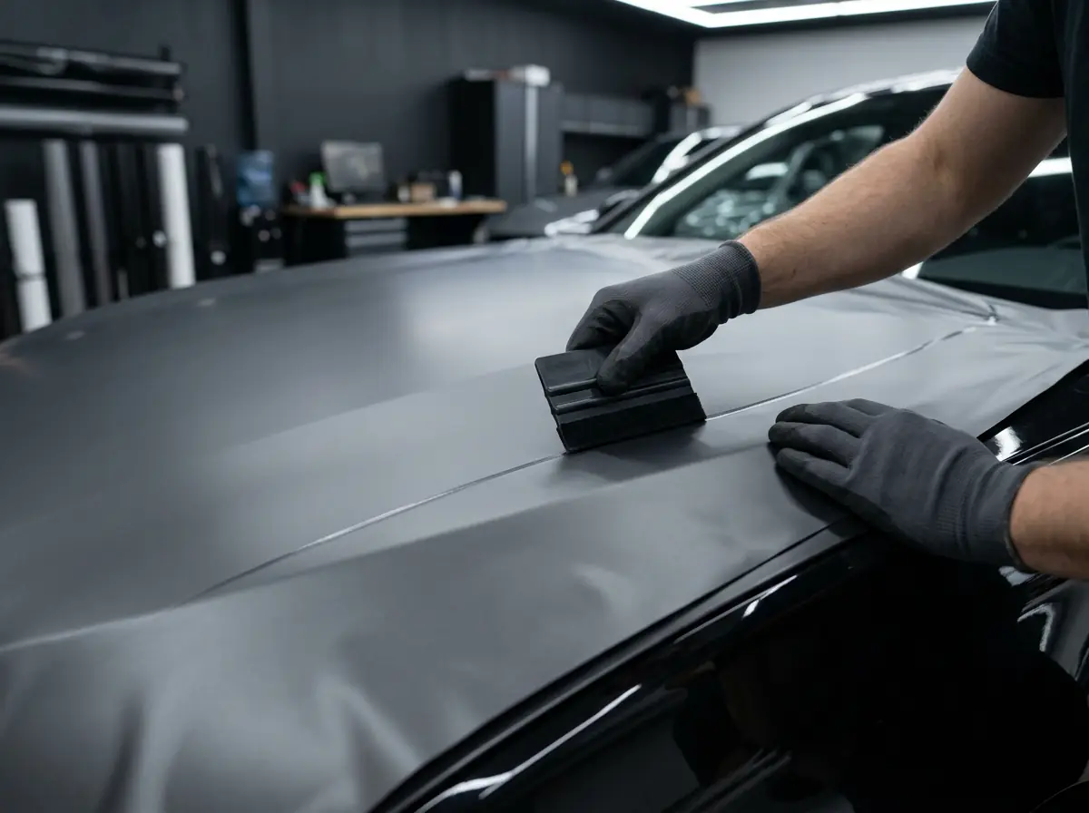Gloved installer smoothing a sheet of satin grey vinyl wrap film onto a car hood with a black felt-edge wrap squeegee