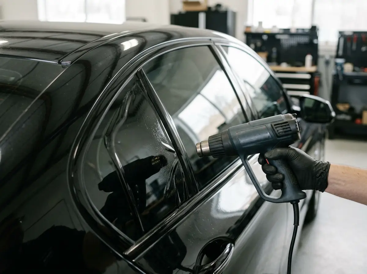 Heat gun shrinking dark window tint film on the rear side glass of a black sedan