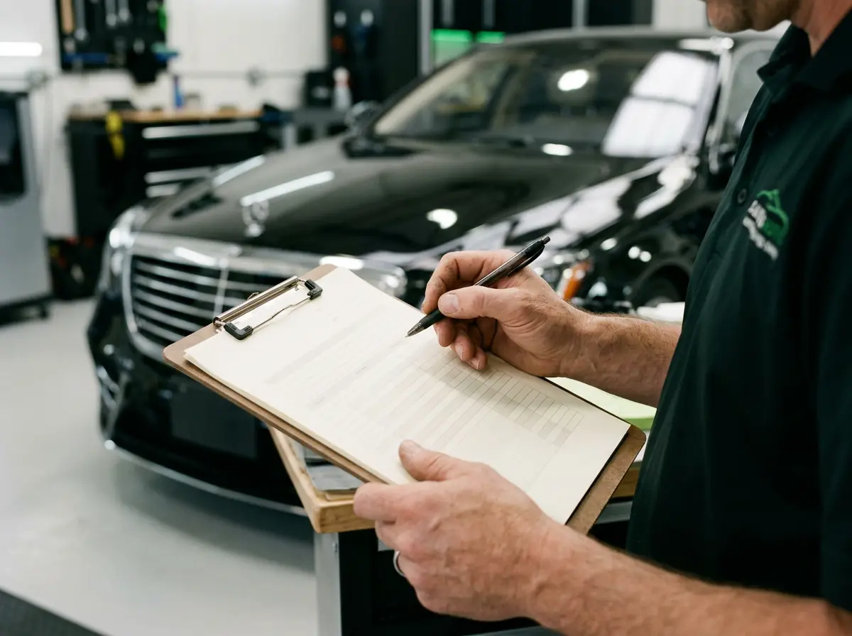 Service advisor reviewing a transparent detailing estimate beside a luxury vehicle