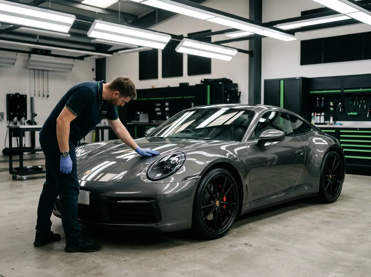Freshly detailed luxury car inspected under shop lighting for a flawless finish