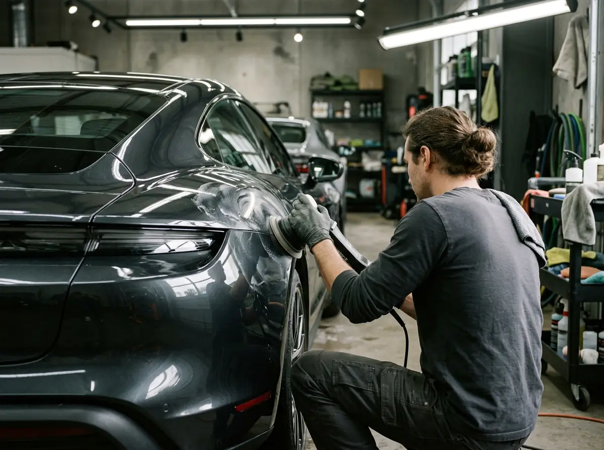 Owner-operator detailer hand-polishing a premium vehicle inside the Port Chester shop