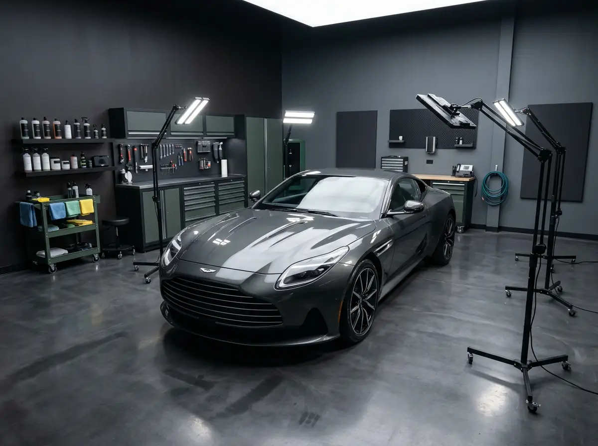 A single luxury car alone in a clean detailing bay under professional inspection lights