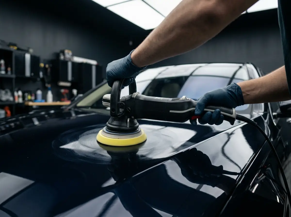 Skilled hands guiding a dual-action polisher across a luxury car panel