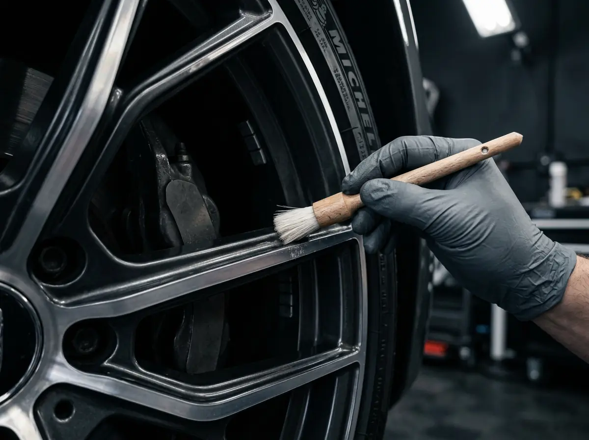 Close-up of a detailing brush cleaning an intricate alloy wheel spoke